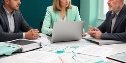 Public-sector data officers reviewing governance notes and secure data-sharing diagrams