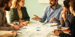 Small cross-functional team discussing analytics on printed charts around a table